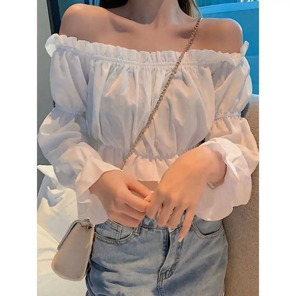 

Сексуальная женская блузка с открытыми плечами, тонкий топ из полипропилена с коротким рукавом, А-силуэт, не деформируется