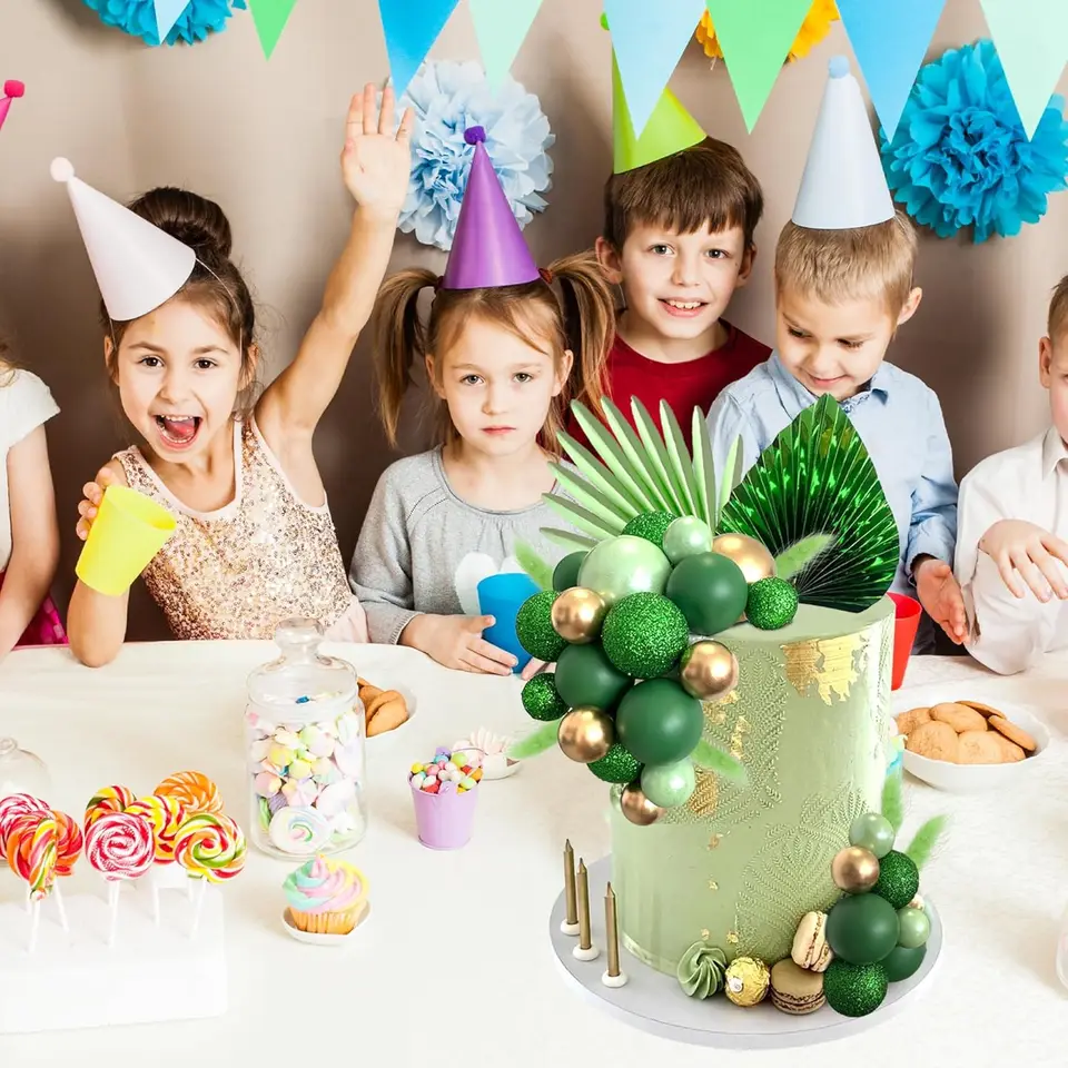 29 Pièces Décorations Gâteau Bohème Vertes - Roses, Feuilles Palmier & Boules Pour Anniversaire Et Mariage