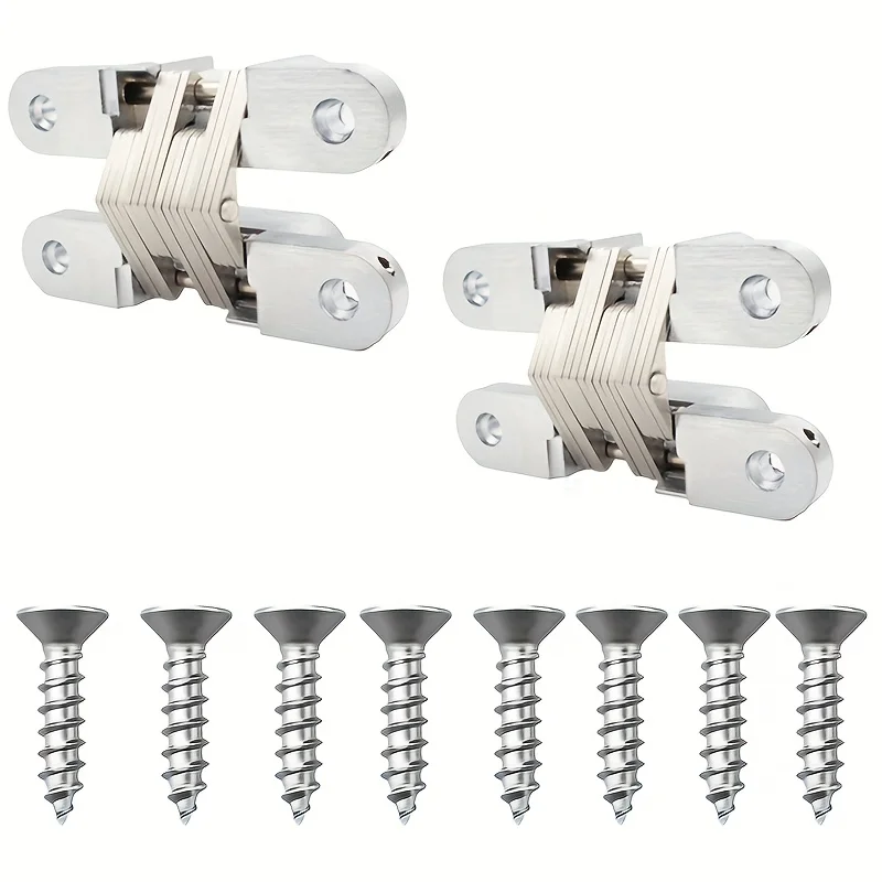 Two stainless steel concealed cabinet hinges with eight screws for use with wooden boxes and interior doors.