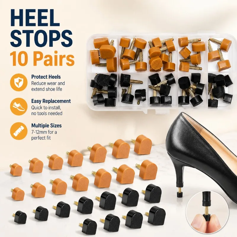 10 Pairs TPU Heel Stoppers for Women Shoes, Replacement Heel Tips Repair Pins, 7-12mm Dowel Lifts Accessories