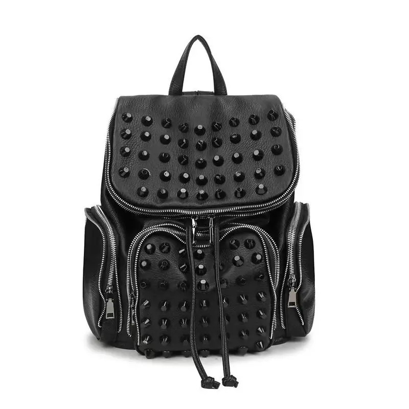 Fashion casual leather men's and women's bags Large capacity personality riveted bag backpack travel bag Student computer bag