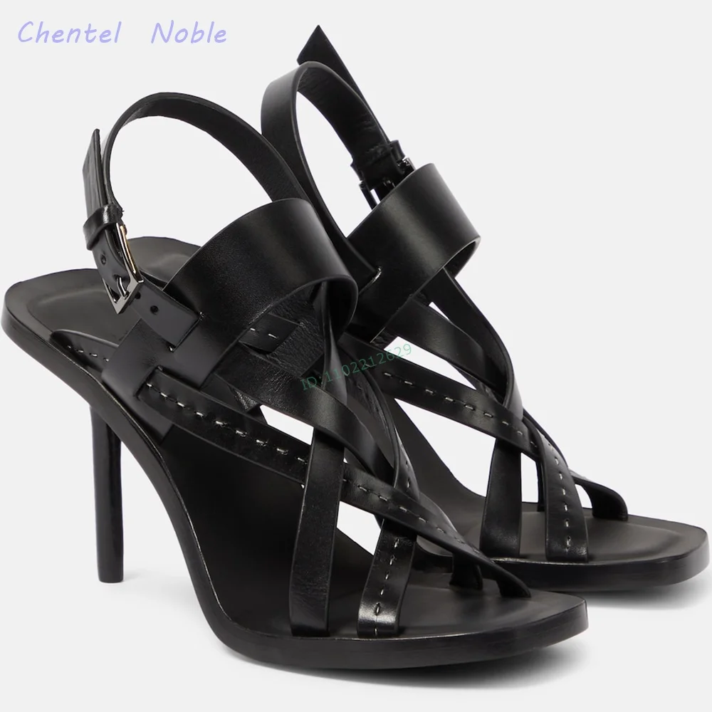 

Black Leather Adjustable Buckles Ankle Cross Strap Sandals Square Toe Solid Thin High Heeled Women Stiletto Summer Party Dress