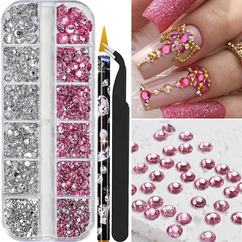 12Grids Helder Roze Mix Maten Nagelsteentjes 3D Plat Glanzend Kristal Diamant Nail Art Charms Kit met Puntjespen Pincet