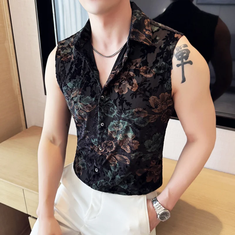 

Men's Summer Sleeveless Jacquard Flocking Shirt Thin Mesh Printed Sleeveless Vest Fashion Breathable Sports Tees Tops 4XL-M