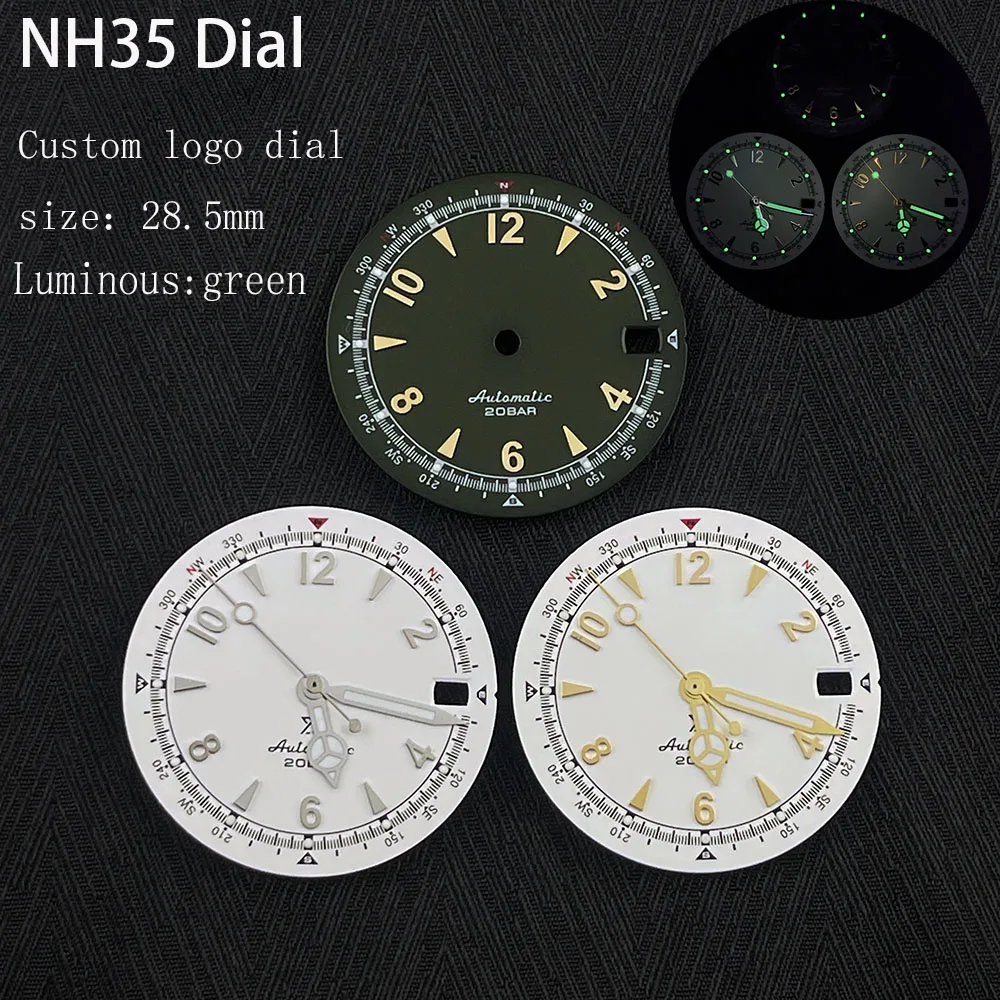 New NH35 Men's Watch Dial Customized Logo Dial Green Glow Suitable for NH35 Movement Watch Accessories Repair Tools