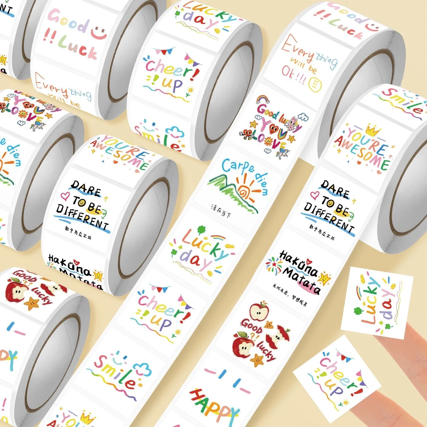 500pcs/Roll Cute Positive Healing Quotes Cartoon Sticker DIY Skateboard Laptop Guitar Phone Car Seal Label Decals Decoration