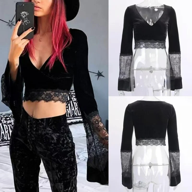 

Сексуальный черный кружевной укороченный топ, женская футболка с v-образным вырезом и расклешенными рукавами, женские тонкие короткие топы, осенняя уличная одежда, уличная одежда