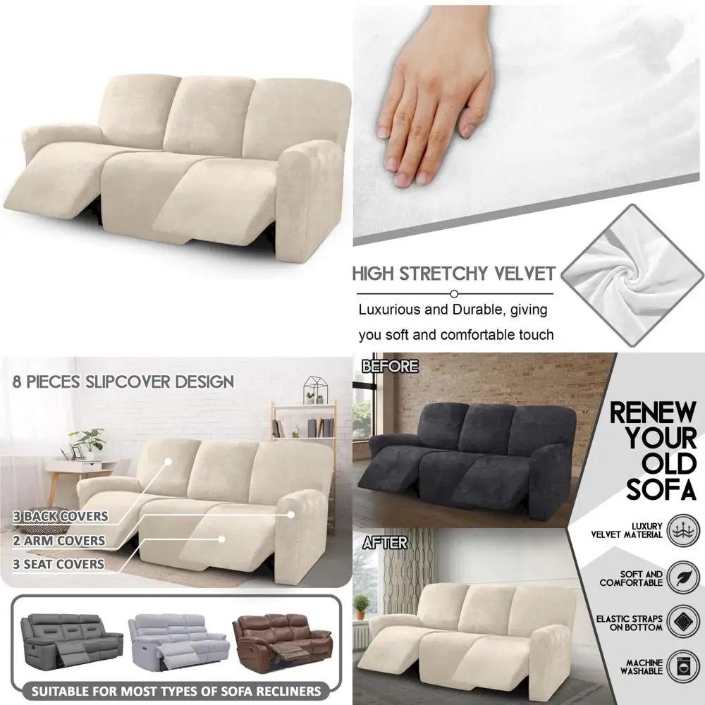 

Stretch Reclining Couch Covers for 3 Cushion Sofas - 8-Piece Recliner Sofa Slipcovers, Furniture Protection Co