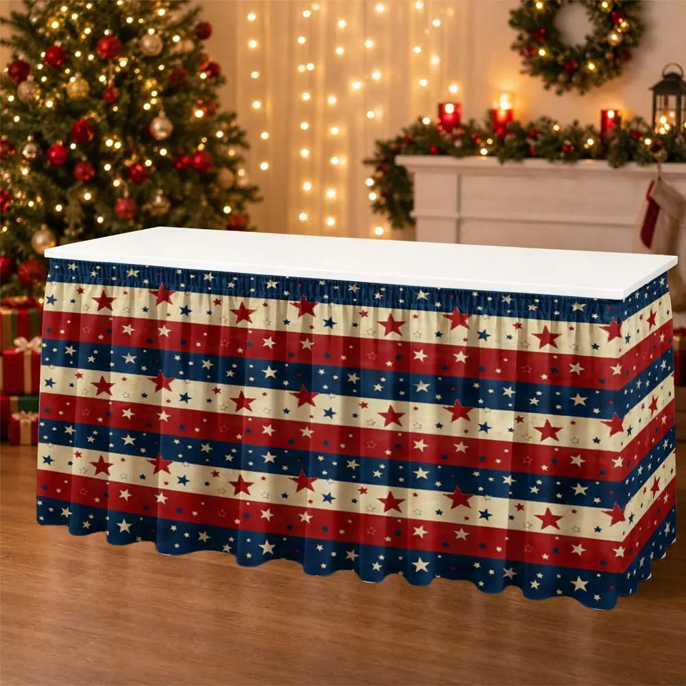 One-piece table skirt decoration in red, white and blue star pattern with ruffled edges
