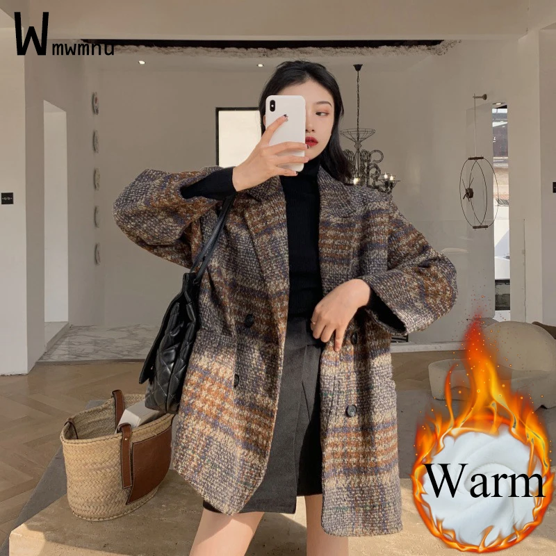 Women Tweed Plaid Winter Blazer Cotton Padded Casual Middle Long Coats Offlce Lady Vintage Double Breasted Thicken Work Outwear