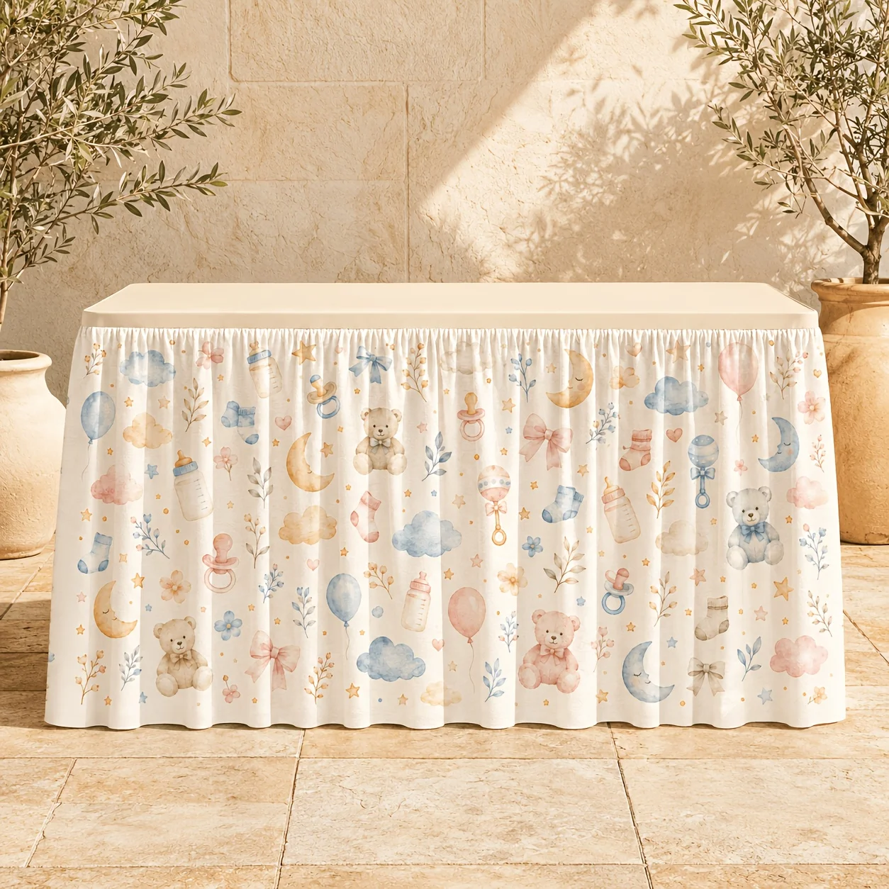 Watercolor bear moon baby elements party tablecloth, printed table skirt, newborn birthday table decoration