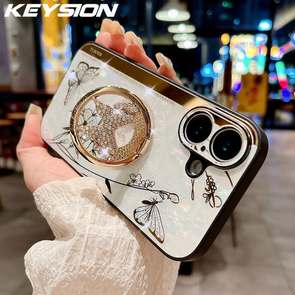 KEYSION Luxuxy Case for iPhone 16 Plus 16 Pro Max Butterfly Ring Stand Shockproof Phone Back Cover for iPhone 13 14 15 Pro Max