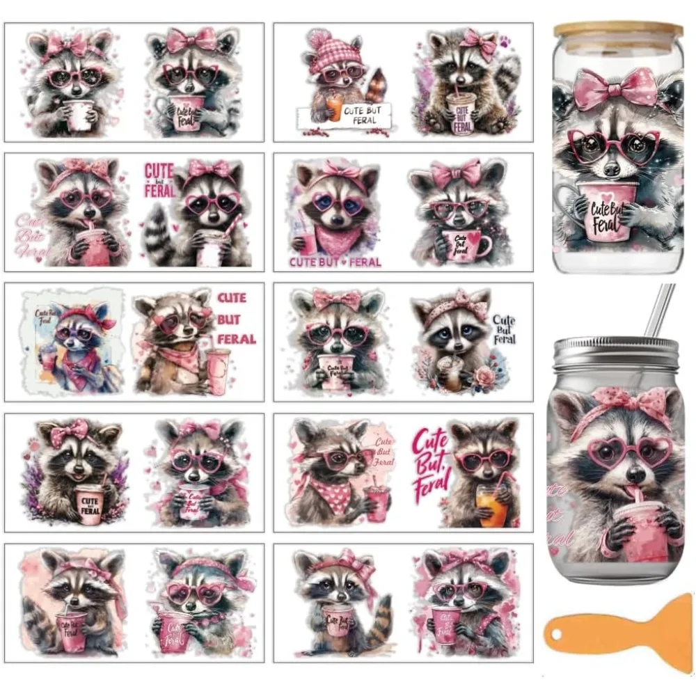 10 Blatt Waschbär UV DTF Becherfolie 10 Designs Rosa Waschbär Niedliche Tier-Abziehbilder PVC-Papier Wasserfeste Abziehbilder