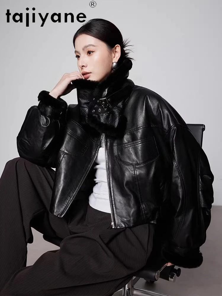 TAJIYANE Piumini d'oca in pelle di pecora Chic Colletto in lana Piumini Corti Giacca in vera pelle Donna 2025 Abbigliamento invernale шу sì
