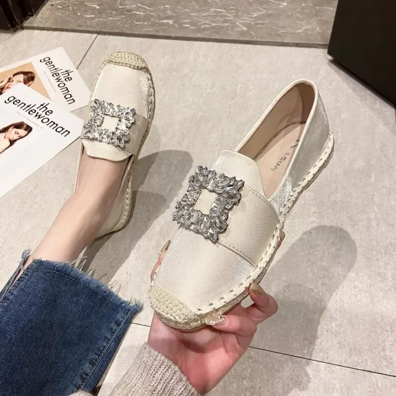 Large Size Elegant Cotton and Hemp Edge Satin Face Rhinestone Square Buckle Flat Fashion Everything Casual Non-slip Shoes Women