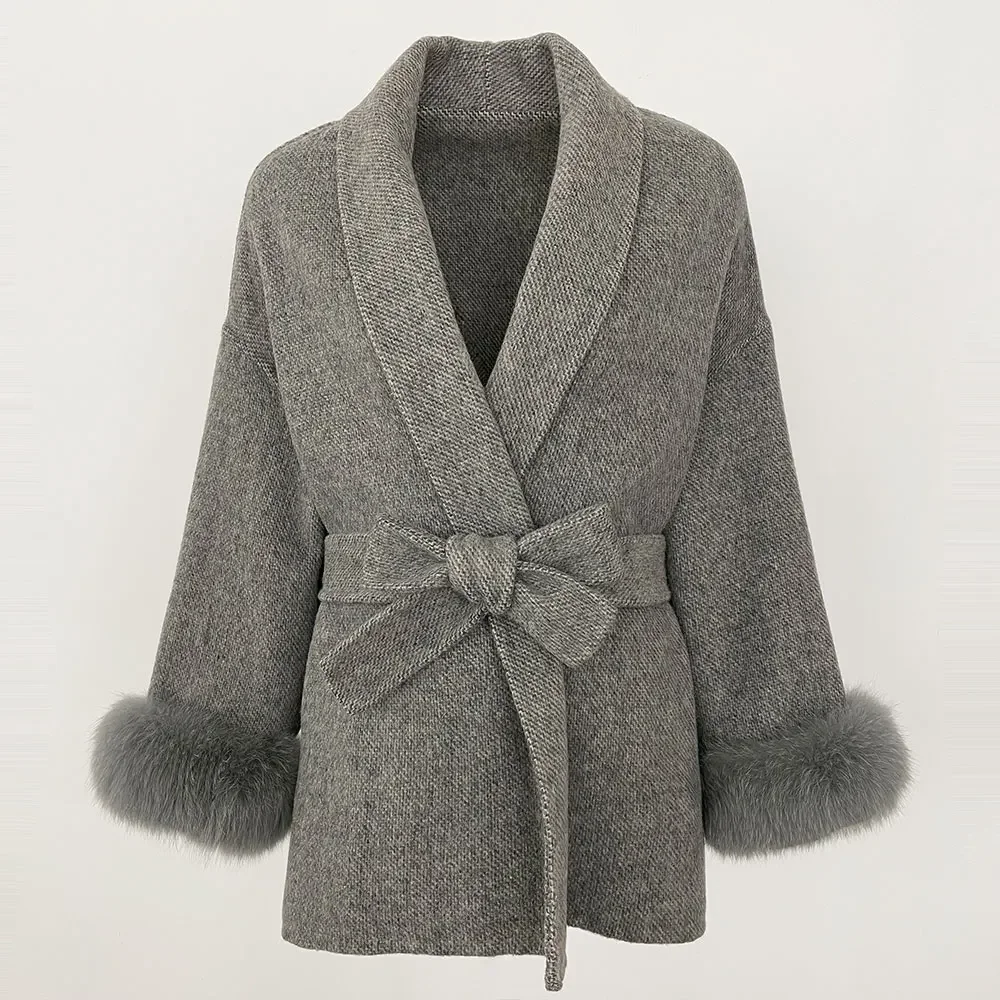 女性のためのキツネの毛皮の袖口のジャケット,特大の天然のキツネの毛皮のジャケット,ゆったりとした暖かいウールのコート,取り外し可能な袖口,本物の天然の女性,オフィスの女性,ファッション,秋,冬