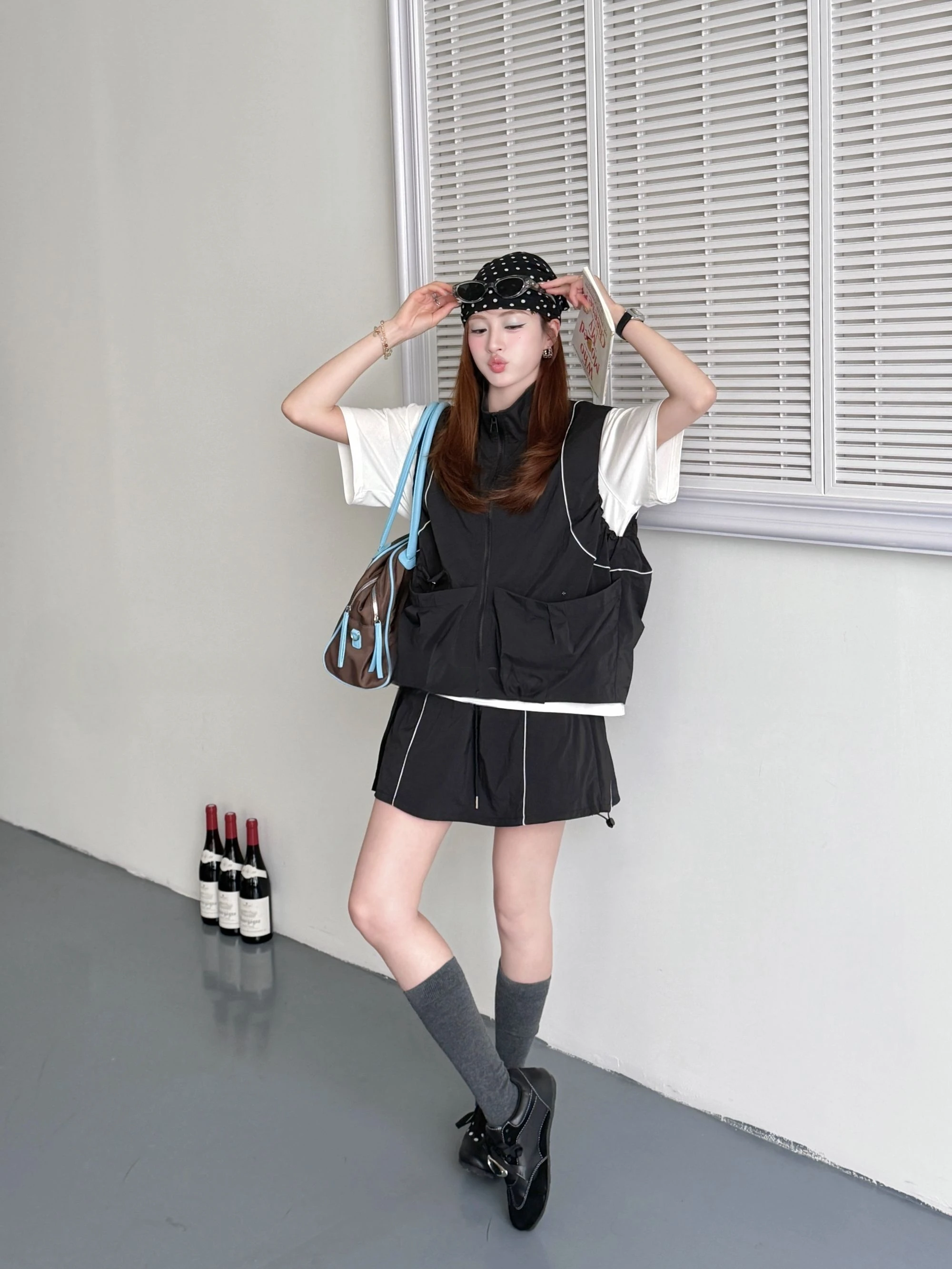 

Xianzai Summer New Print Short Sleeve Stand Collar Embroidery Line Vest Skirt Set Women's Casual Style Lightweight Cotton Suit