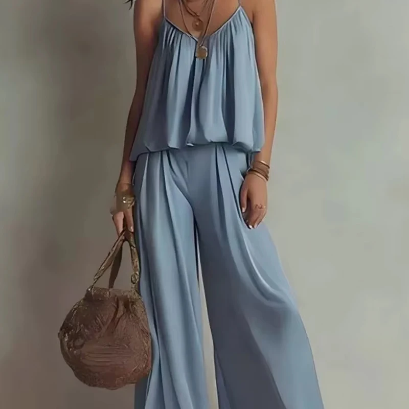 

Sexy V-neck Sling Top & Wide Legger Pant Outfits Women's Casual Sleeveless Solid 2Pc Suit Elegant Hight Street Loose Summer Sets