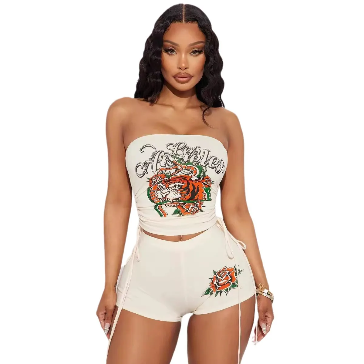 Letter Printed Women 2 Piece Set Sleeveless Crop Tube Top Bandage Mini Shorts Matching Set 2024 Summer Fitness Skinny Tracksuits