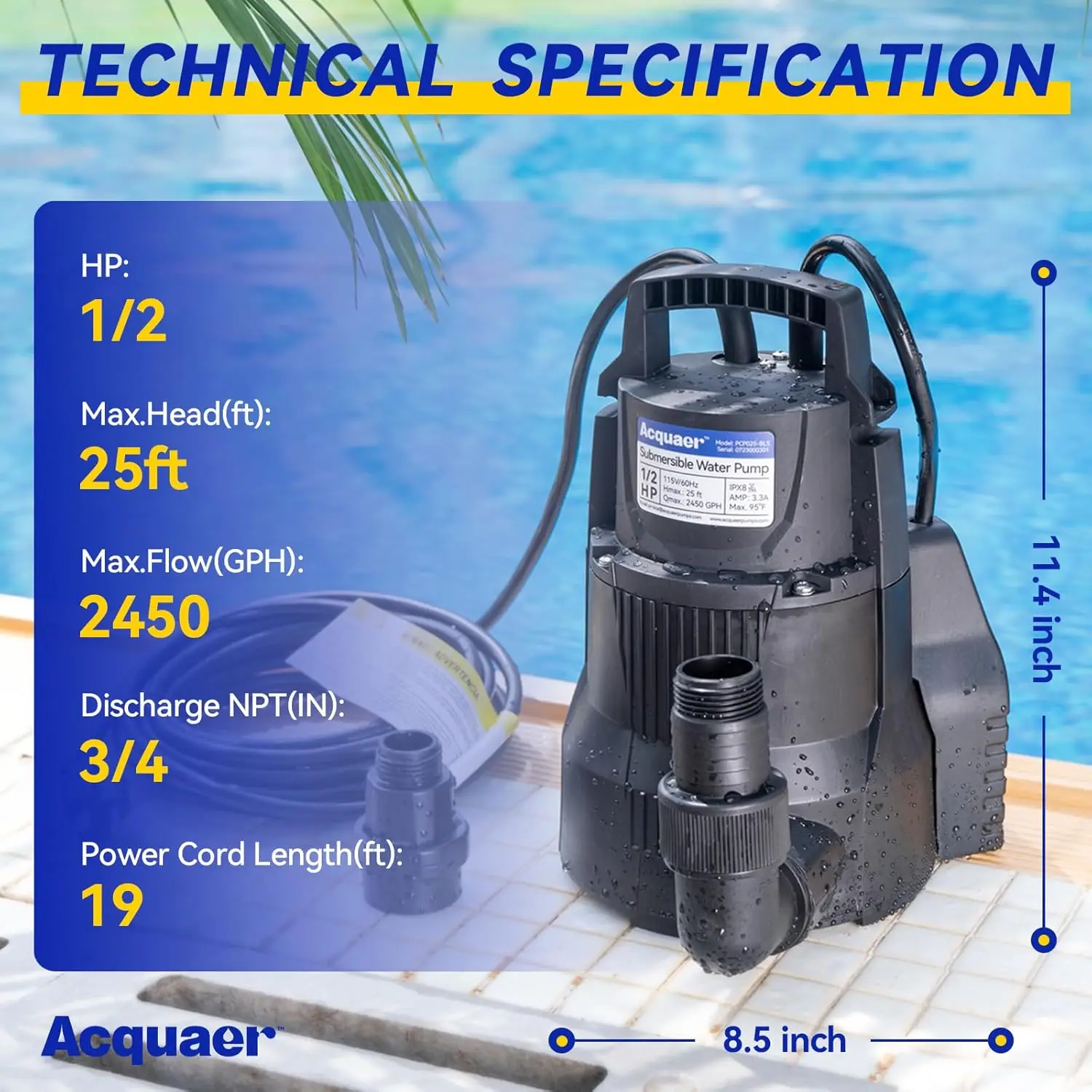 Acquaer 1/2 HP Automatic Sump Pump, 2450 GPH Submersible Water Pump with 3/4”Garden Hose Check Valve Adapter and 19ft Cord