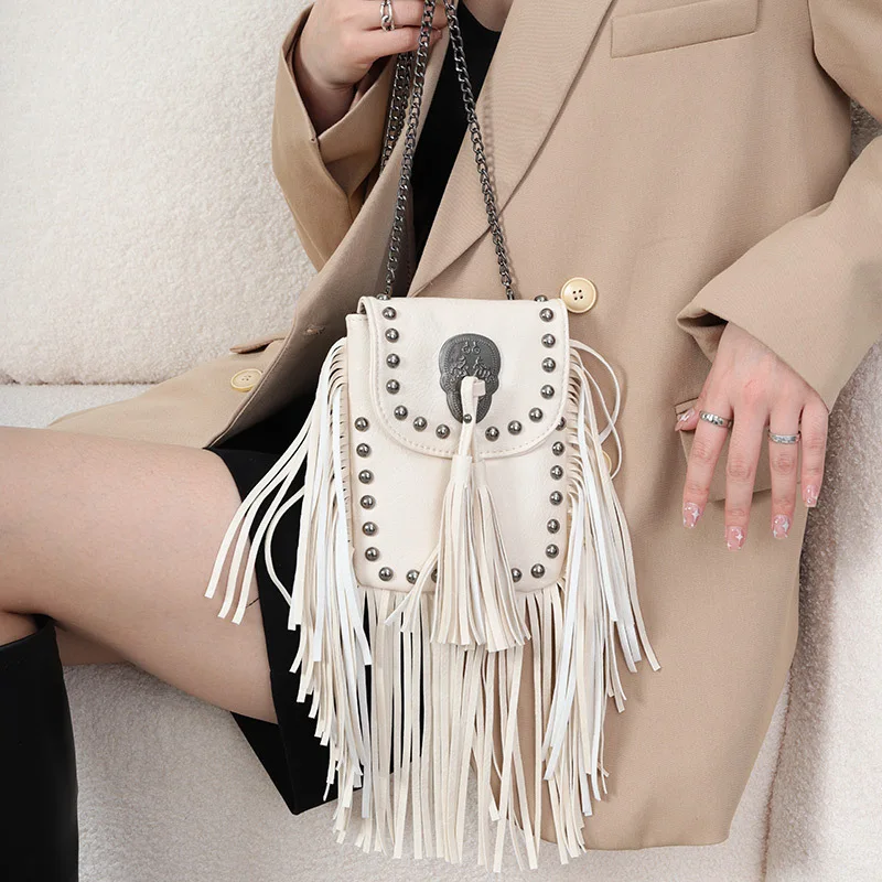 

European and American Trendy Fashion Soft Leather Studded Tassel Bag Chain Shoulder Crossbody Small Bag Women