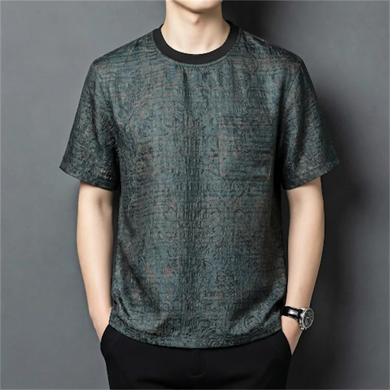 Reversible Luxurious Silk 100% T Shirt For Men Short Sleeve Ice Summer Quality Skin-Friendly Satin Loose Fit Camisetas De Hombre