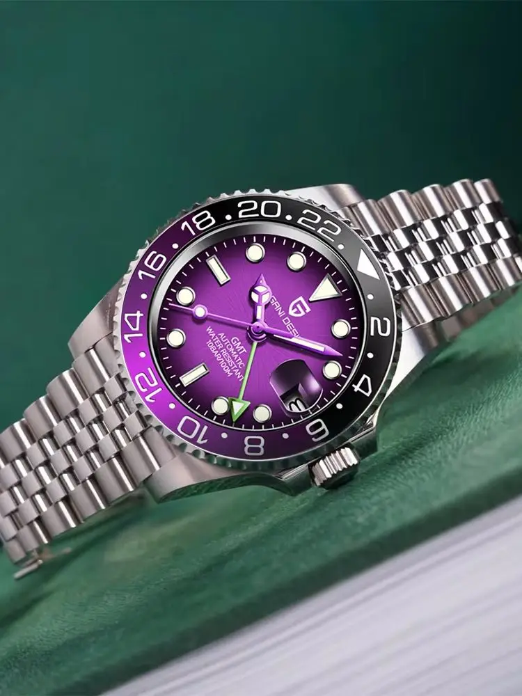 Męski zegarek 40 mm, PAGANI DESIGN, zegarek mechaniczny z funkcją GMT, szkło szafirowe, automatyczny mechanizm, wodoszczelność 100 m, sportowy zegarek męski, model PD-1662. — 2