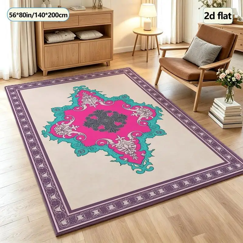 Vibrant Pink-Blue Vintage Medal Square Rug, Non-Slip Carpet, Suitable for Bedroom, Living Room, and Indoor Home Decor