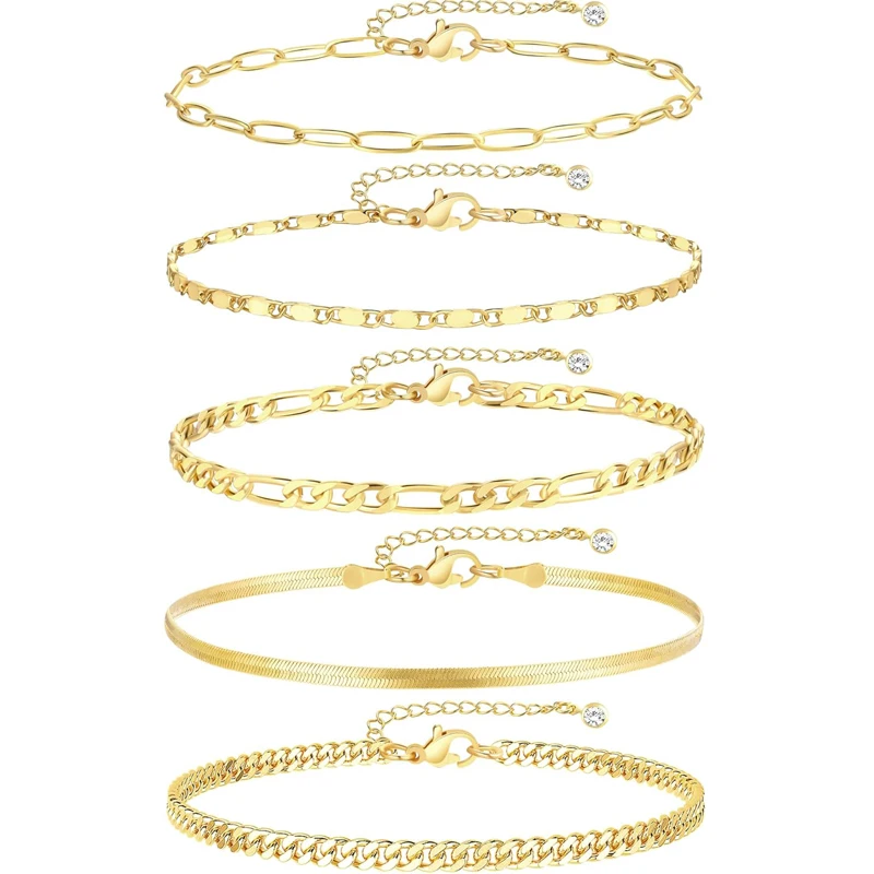 Waterproof Gold Ankle Bracelets for Women, 14k Gold Plated STAINLESS STEE Cuban Link Chain Layered Anklet Bracelet Gifts for Her
