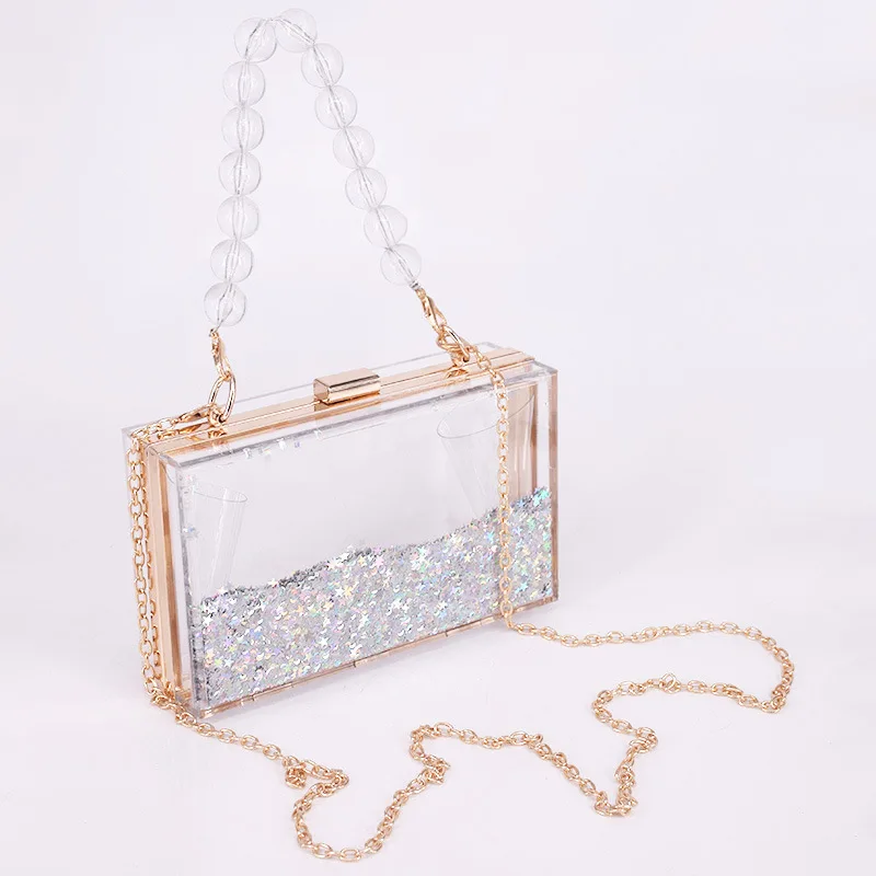 Shoulder Cosmetics Ladies Bag Y2k Transparent Liquid Sand Bead Chain Acrylic Party Wedding Handbag