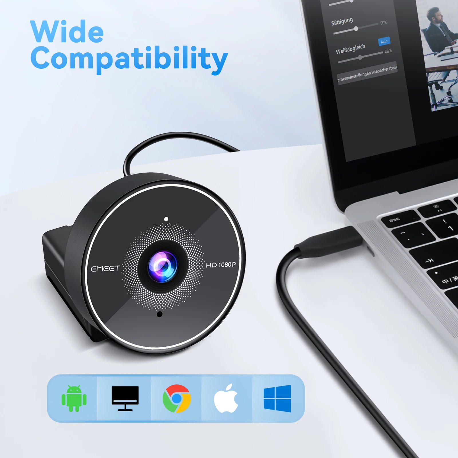 Gürültü iptal mikrofon ve gizlilik kapak ile Webcam 1080P HD Web kamera USB EMEET C955 bilgisayar kamera 70 ° PC Laptop için görünüm