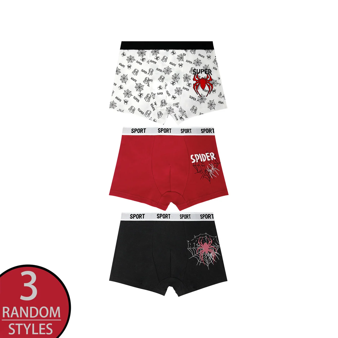 3-Pack Random Spider Pattern Printed Boys' Boxer Shorts Comfortable Breathable Flat Angle Pants for 4-7 Years Old Boys