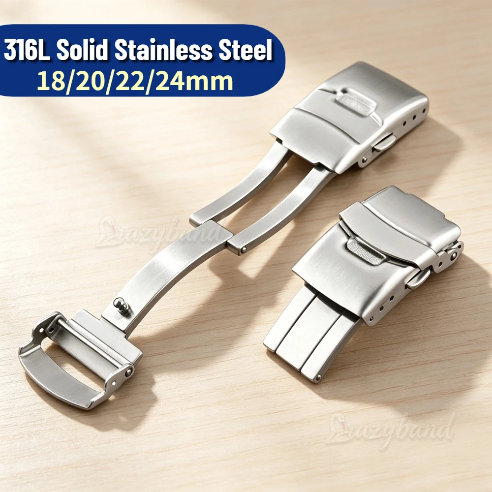 316L Solid Stainless Steel Watchband Folding Buckle 18mm 20mm 22mm 24mm Double Push Butterfly Safety Clasp Watch Accessory Black