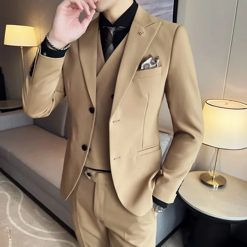 ( Blazer + Vest + Pants ) High End Brand Boutique Solid Color Men\'s Casual Business Suit 3Piece Set Groom\'s Wedding Dress