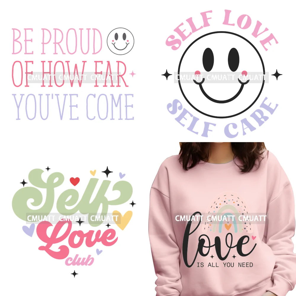 Self Love Club Rectes d'affirmation positive Bien-être mental Fer sur autocollants de transfert DTF lavables Prêts à presser pour les textiles