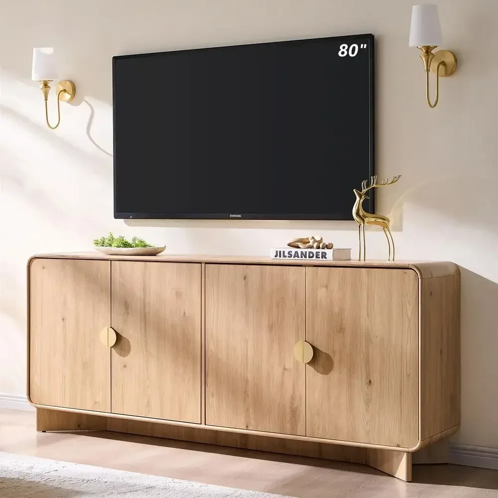 70-80 Inch TV Stand, 30 Tall Natural Oak Entertainment Center with Storage and Adjustable Shelves