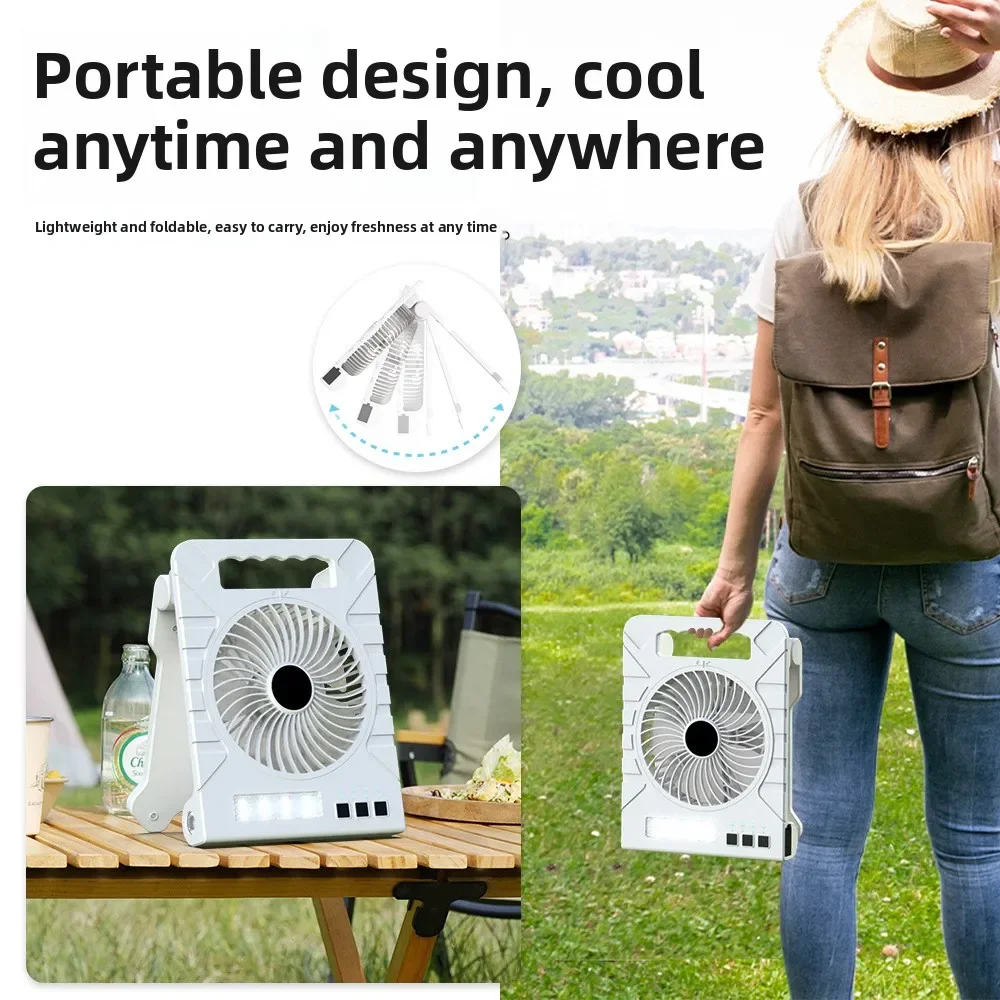 

Portable Rechargeable Camping Fan - 3-Speed Handheld Fan with LED Light & Power Bank for Travel Tent & Outdoors