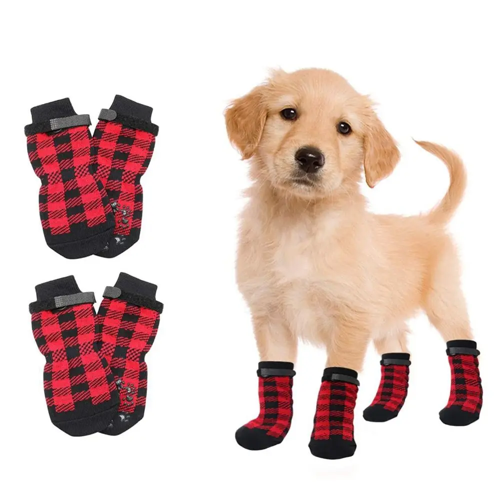 4 unids/set calcetines antideslizantes transpirables para perros protección de pata de mascota suave ajustable calcetines antideslizantes impermeables cálidos de algodón para perros al aire libre