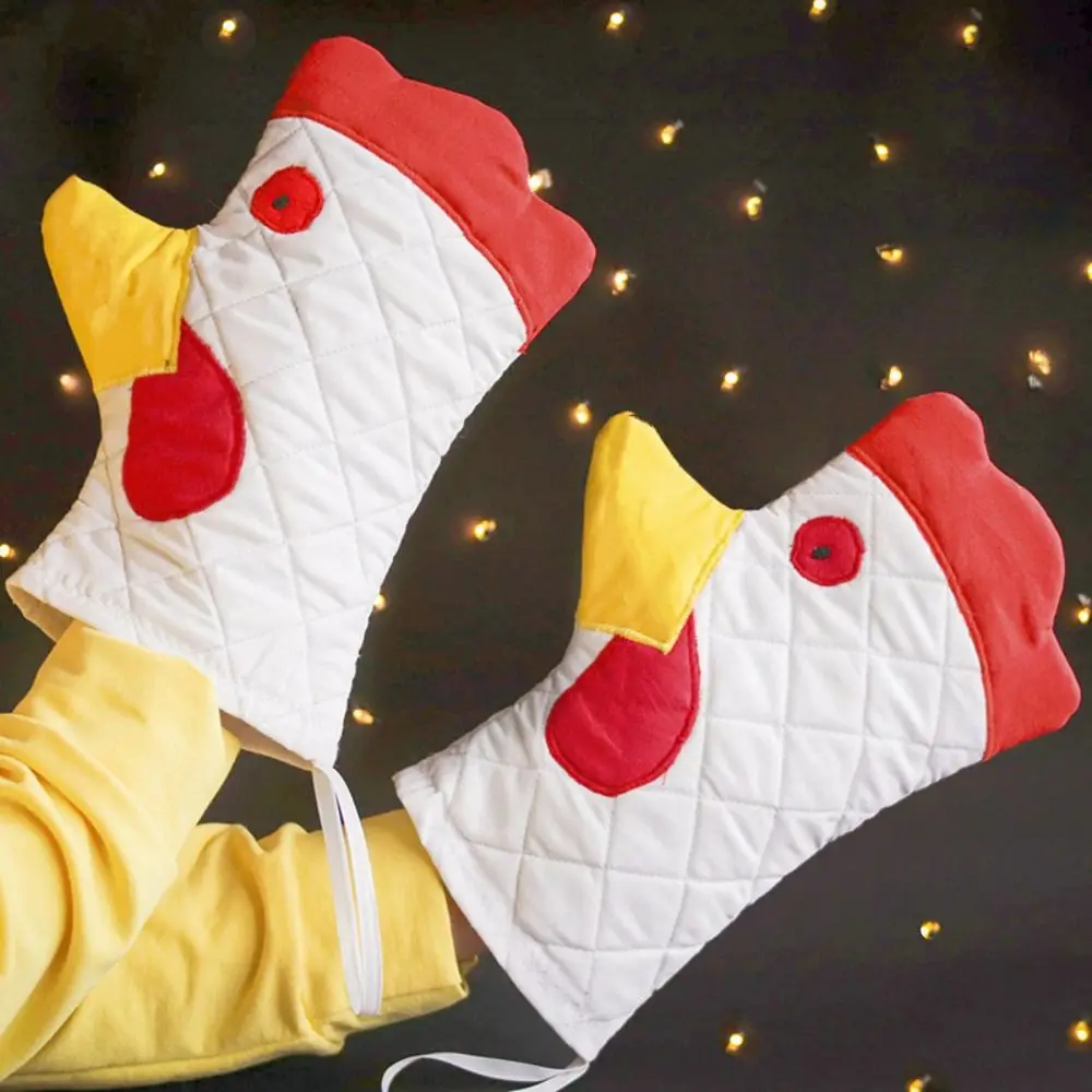 Cartoon Anti-Scalding Rooster Trim Oven Mitts Cotton Lined Heat Resistant Microwave Mitts Thickened Baking Gloves Cooking