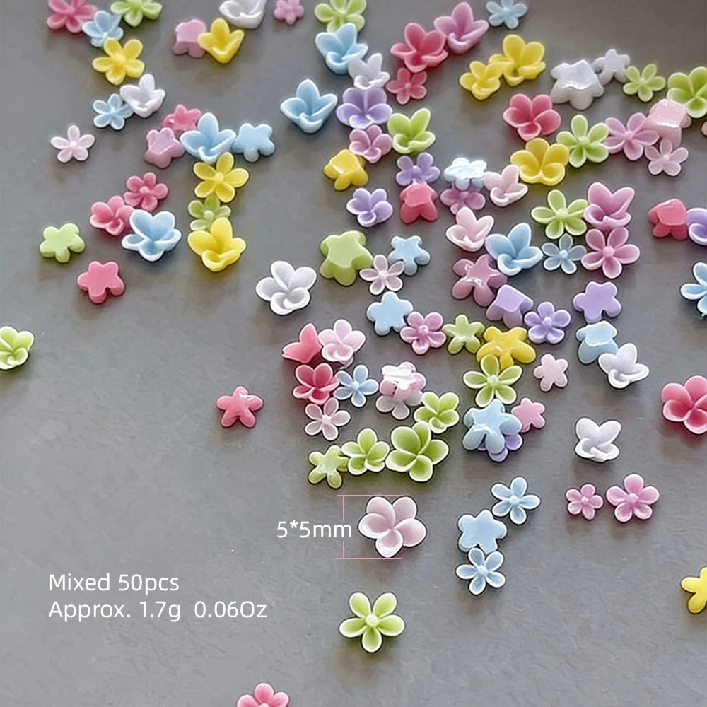 50Pcs Mini Colorful 5-Petal Flower Nail Charms Candy Color Floral Nail Art Craft Mixed Pastel Colors 3D Flower Manicure Decor
