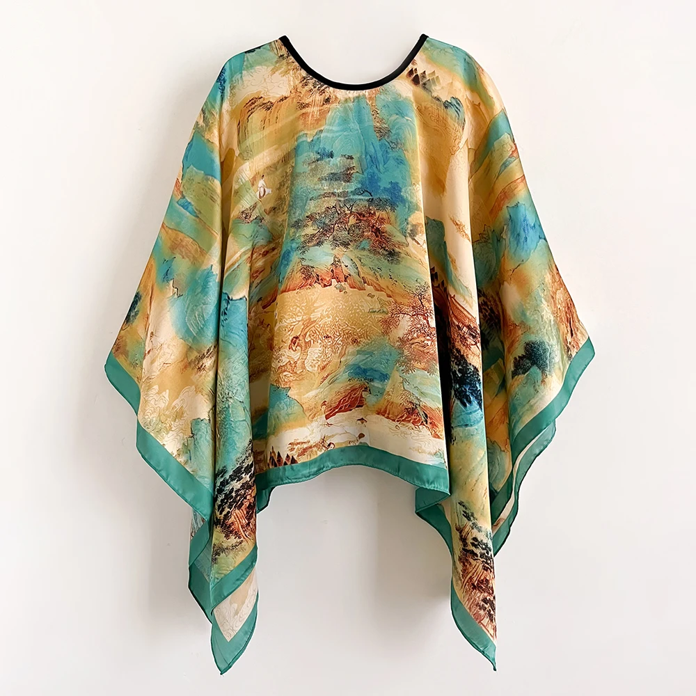 2024 New 110Cm Square Shawls Summer Beach Sexy Women Fashion Print Silk Smock Blouse Sunscreen Comfortable Poncho