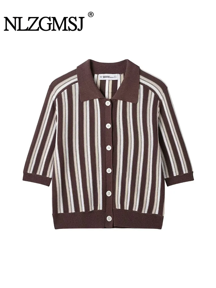 

2025 Spring Women's Striped Knitted Cardigan Turndown Collar Short Knitted Cardigans Casual Short Sleeve Sweater Coat