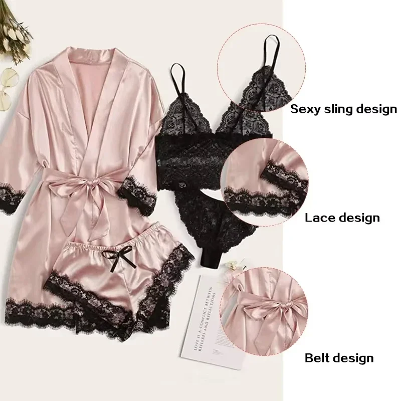 4-teilige Damen-Nachtwäsche, Pyjama-Serie mit Robe, sexy Spitze, Dessous, Bademantel, Seidensatin, für Zuhause, gekleidete Nachtwäsche