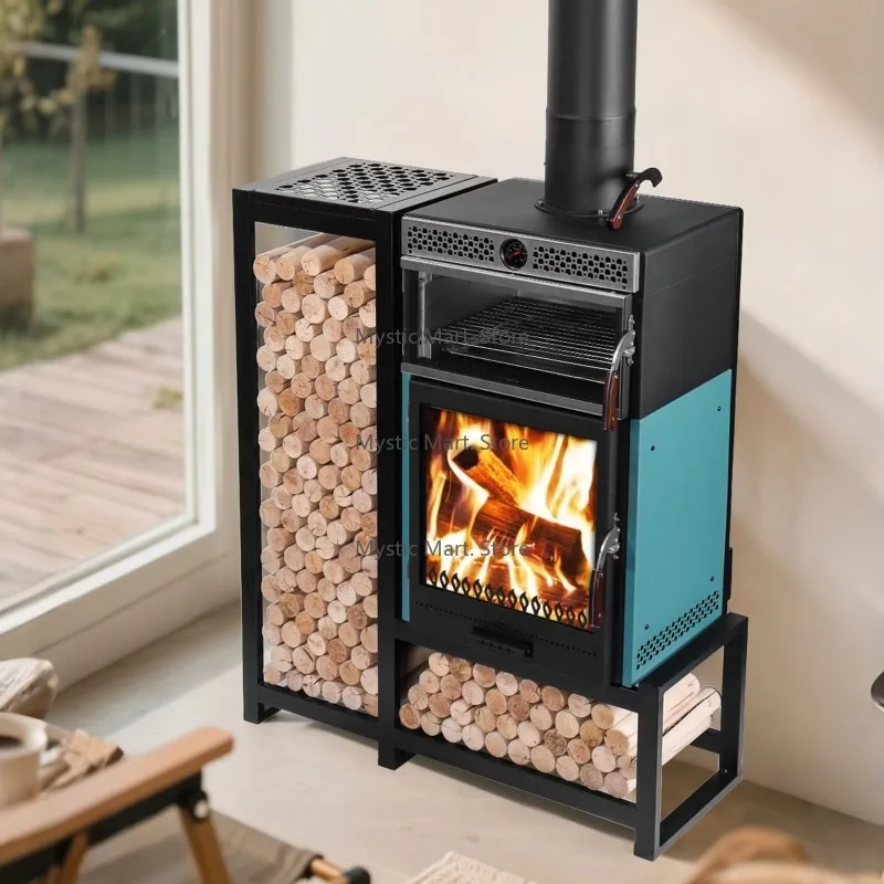 

Modern Freestanding Wood-Burning Fireplace Stove Built-In Oven for Indoor-Outdoor Use in Living Room Dining Hotel & Villa