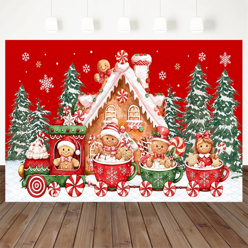 Mocsicka Red Gingerbread Christmas Photography Backdrop Cute Cookie Man Train Cabin Swirl Snow Family Winter Birthday Background