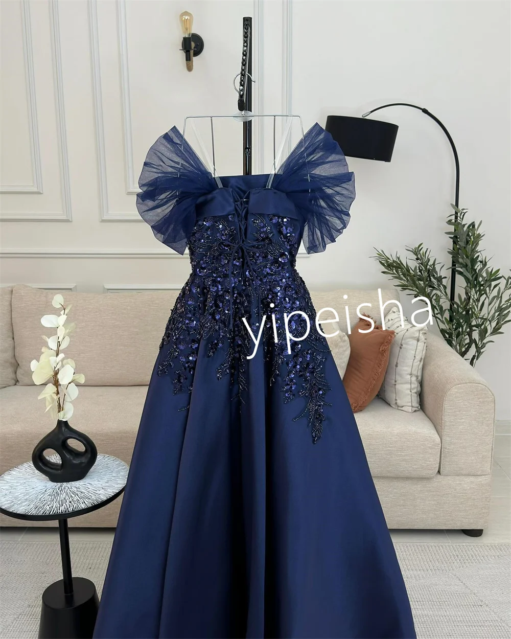 Customized Fashion Jersey Pleat Beading Sequined A-line Off-the-shoulder Midi Dresses Prom  High Quality Chinese Style Elegant