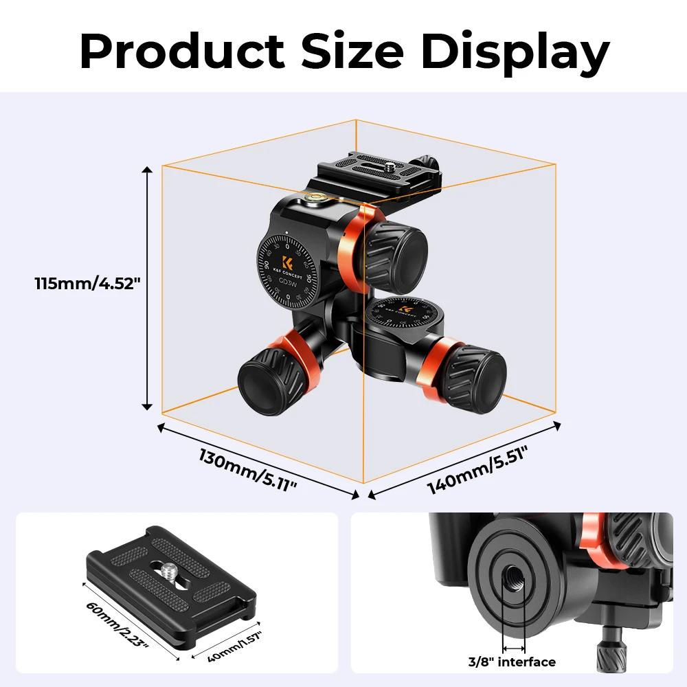 K&F Concept High Precision Fluid Head Load Capacity 13.2lbs/6kg 3 Way Geared Tripod Head Aluminum Alloy for Photography Camera