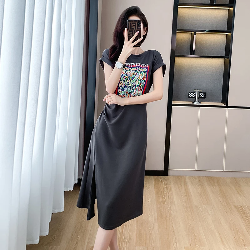 Women Cotton T-shirt Dresses Summer Female O Neck Short Sleeve Large Size Elegant A Line Black Gray Printed Split Slim Vestidos