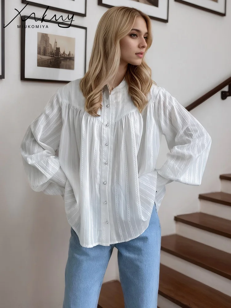 Camisas de algodón para mujer, blusas sencillas con manga acampanada, Tops finos clásicos para primavera y verano, camisas con mangas abullonadas, camisas de algodón para oficina para mujer