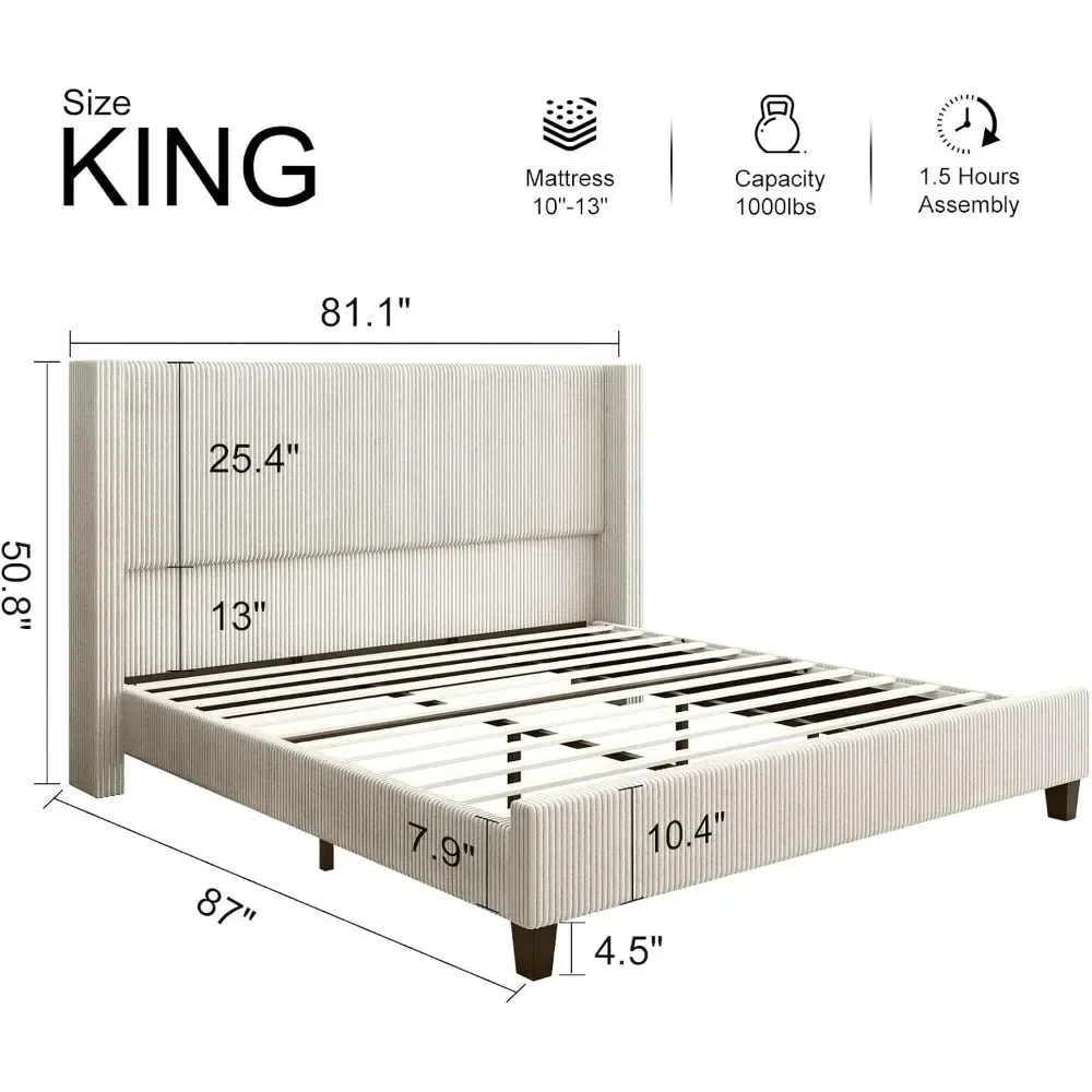 Estrutura de cama de plataforma estofada, cama traseira com cabeceira de 50,8", veludo/perna de madeira maciça/sem necessidade de molas/sem necessidade de ruído